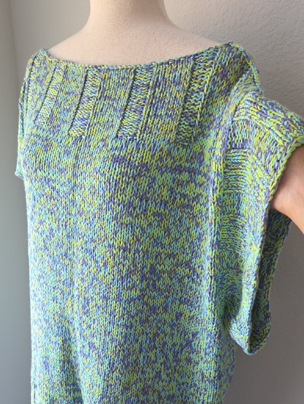 Handmade Marled Lime Green Purple Blue Scoop Neck Knit Box Knitted Sweater